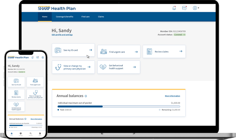Sharp Health Plan online account on desktop and Sharp Health Plan mobile app